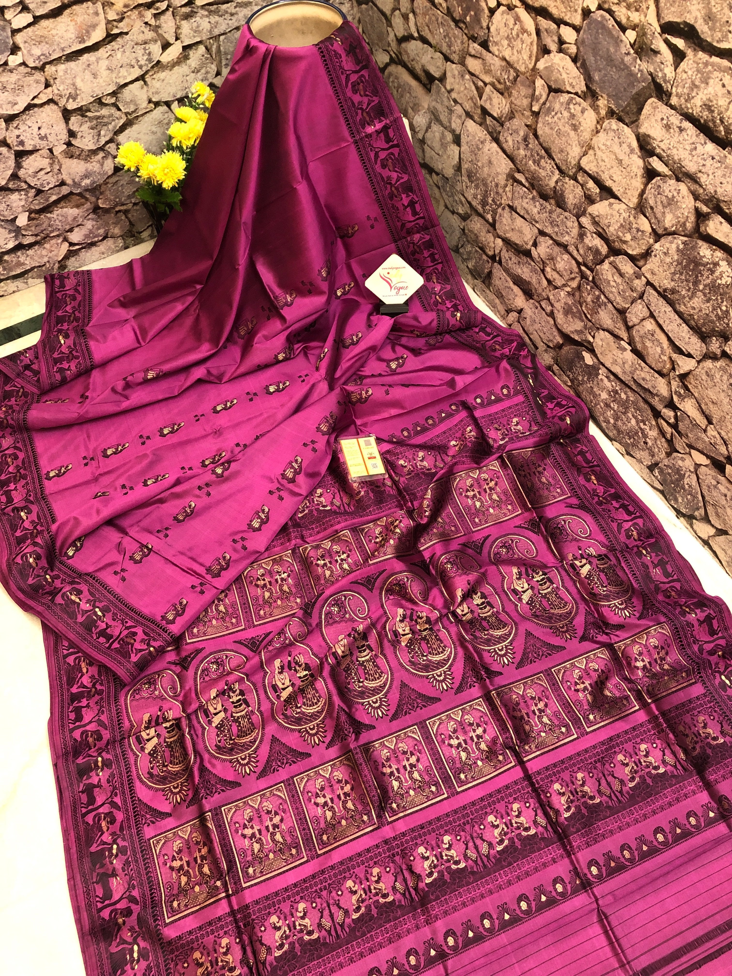 Onion Pink with Morpich Border Print Premium Italian Silk Crepe Unifor–  Uniform Sarees